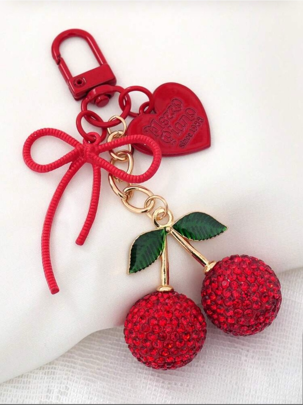 Red Cherry Crystal Keychain Charm with Bow
